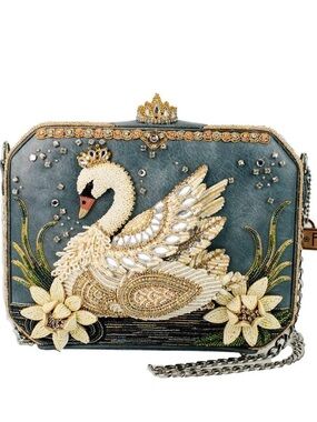 Embellished Swan Evening Clutch Gold Teal Beaded Crystal